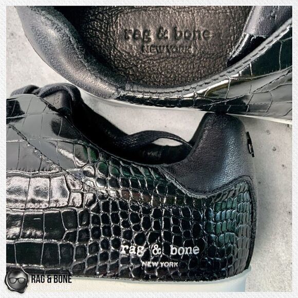 RAG AND BONE RB1 LOW PLATFORM SNEAKERS BLACK CROCODILE EMBOSSED LEATHER SIZE 7.5 - Picture 11 of 16